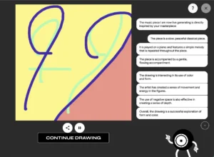 A colorful abstract drawing in blue, green, and pink on a pastel yellow and peach split background. To the right are text descriptions about the music generated based on the drawing, mentioning a peaceful classical piano piece. A cartoon character in black and white points upward near the bottom.