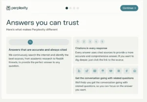 Perplexity AI promotional slide highlighting its value, titled “Answers you can trust,” explaining how Perplexity provides accurate, cited answers and related questions to continue the conversation.