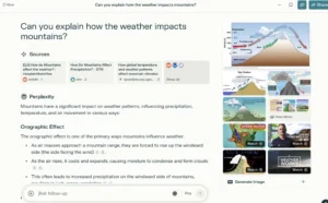 Perplexity AI result page answering the question “Can you explain how the weather impacts mountains?” with sources and an explanation on the orographic effect, accompanied by related images of mountain weather patterns and diagrams.