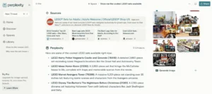 Screenshot from Perplexity AI listing “coolest LEGO sets available,” featuring detailed LEGO set descriptions, including Harry Potter Hogwarts Castle and Marvel Avengers Tower, along with related images and videos.