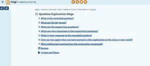 Screenshot of the Corgi Question Exploration Guide page, displaying a series of steps for exploring significant places in Washington D.C. The steps include identifying essential questions, key terms, and supporting questions, as well as applying the knowledge