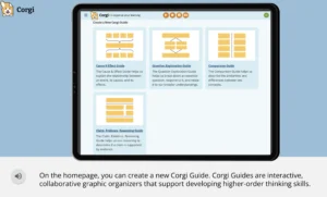 Screenshot of the Corgi homepage showing different graphic organizer guides, such as the Cause & Effect Guide, Question Exploration Guide, and Claim, Evidence, Reasoning Guide, designed to support higher-order thinking skills.