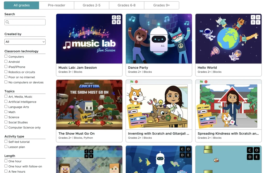 Screenshot of the Hour of Code activities page featuring interactive coding lessons such as ‘Music Lab: Jam Session,’ ‘Dance Party,’ and ‘Inventing with Scratch and Gitanjali Rao.’ The page includes filters for grades, topics, and classroom technology.