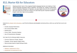 A screenshot from the “¡Colorín Colorado!” website showcasing its “School Support” menu. The page focuses on bilingual and dual-language education, with a navigation dropdown on the left offering topics like social and emotional support, ELL school enrollment, and program planning. The central content includes an article about bilingual education benefits, and the right sidebar displays logos for supporting organizations like AFT and NEA.