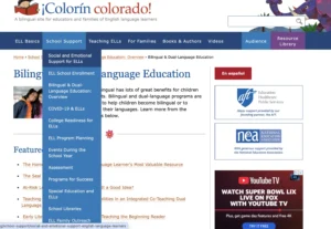 The homepage of the “¡Colorín Colorado!” website. The page features a colorful header with a logo of a child reading a book, the text “A bilingual site for educators and families of English language learners,” and menu tabs like ELL Basics, Teaching ELLs, and Resource Library. The central image shows a desk with an open notebook, pencils, an apple, and a coffee cup. A featured video about culturally responsive teaching practices is displayed on the right.