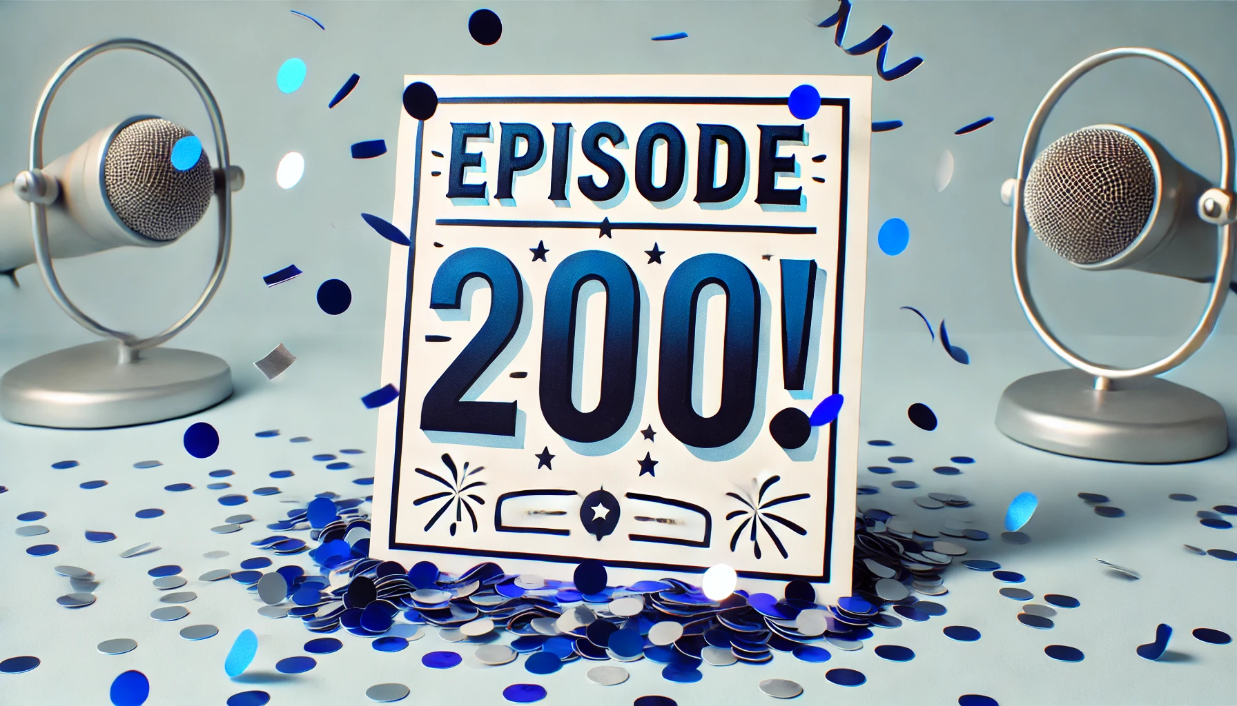 An image showing two microphones with a sign that says "Episode 200!" There is confetti falling from the sky.