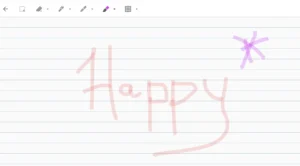 Screenshot of a handwritten note on lined paper within Google Keep. The note says “Happy” in large pink letters, with a purple star drawn above it.