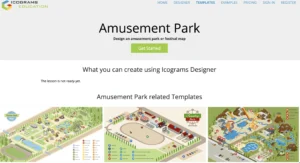 A colorful isometric map of a waterpark featuring multiple water slides, swimming pools, a lazy river, and surrounding amenities such as restrooms, food stalls, and cabanas. The map includes icons for parking, first aid, and ticketing areas, with a dinosaur and volcano theme.
