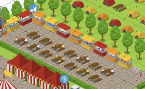 An isometric theme park map with attractions such as a Ferris wheel, carousel, roller coasters, and ponds. It includes marked entrances, ticket booths, food courts, restrooms, and other amenities, with surrounding trees and open areas for picnics.