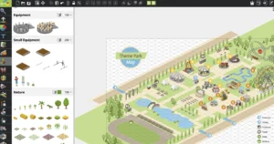 A close-up of a theme park seating and food area with picnic tables, colorful vendor stalls, and trees. A row of tents is visible in the background, and icons represent drink and snack options nearby.