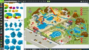 An isometric map of a dinosaur-themed water park featuring water slides, swimming pools, a lazy river, and surrounding attractions. The map highlights amenities such as restrooms, food and drink stalls, cabanas, and lockers with red icons. The park includes dinosaurs, volcanoes, palm trees, and parking areas in the foreground. The design is displayed within the Icograms Designer interface, showing additional diagram elements and tools on the left side.