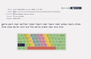 Another screenshot from Keybr.com showing an adaptive typing exercise. A sequence of words is displayed for typing practice, and the visual keyboard highlights key areas. The metrics at the top indicate accuracy, speed, and progress toward the daily goal. The interface is clean, with a minimalistic design focusing on skill-building.