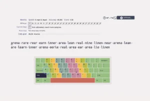 Screenshot of Keybr.com, a typing practice website. The interface displays typing metrics such as speed, accuracy, and score, with a progress bar for a daily typing goal. A series of randomly generated words is shown for practice, and a visual keyboard highlights the currently focused key. The keyboard is color-coded, indicating different finger placements for typing.