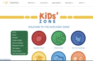 A screenshot of the National Center for Education Statistics (NCES) Kids’ Zone website. The header has the NCES logo and a navigation menu. The page features a colorful design with circular icons labeled “Educators’ Corner,” “Create a Graph,” “Test Your Knowledge,” and more. A green sidebar contains links to various site sections.