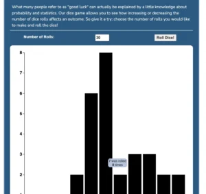 A screenshot of an interactive probability game on the NCES Kids’ Zone website. The page explains how rolling dice demonstrates probability. A histogram displays the results of 30 dice rolls, with the number 7 rolled the most times. The interface allows users to input a number of rolls and click a “Roll Dice!” button.