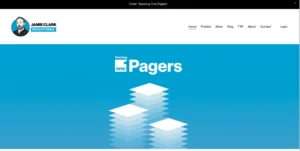 Screenshot of the “Teaching One-Pagers” website by Jamie Clark Educational. The top features a black navigation bar with links such as Home, Posters, Store, Blog, About, and Contact. Below, the site has a blue gradient background with the white text “Teaching One-Pagers” and an abstract illustration of stacked white pages. A logo with a black-and-white illustrated portrait of Jamie Clark is in the top left corner.