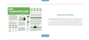 A digital educational poster titled “Classroom Routines” with a green header. The poster outlines strategies for building predictable, learning-focused environments with structured routines. Sections explain why routines matter, how to implement them, and steps for making them automatic. It includes illustrations, diagrams, and references to educational experts Peps McCrea and Doug Lemov. A “Download” button is visible below the description.