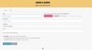 Screenshot of the Baamboozle “Make a Game” interface, showing input fields for Title, Description, Language selection, Tags, and options to set the game’s visibility (Public, Unlisted, Private).