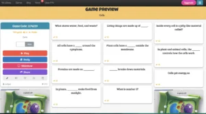 Baamboozle game preview titled “Cells,” displaying multiple quiz question cards about cell biology topics such as cytoplasm, cell membranes, and photosynthesis, along with gameplay buttons labeled Play, Study, Slideshow, and Share.