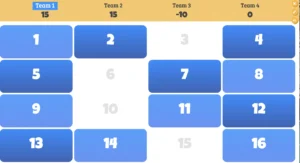Screenshot of Baamboozle game interface showing a simple team-based scoreboard at the top, with clickable numbered boxes below in shades of blue, representing interactive game questions.