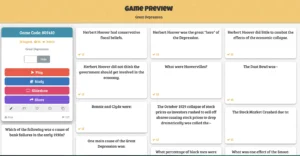 Baamboozle game preview screen displaying the game title “Great Depression,” various quiz questions about Herbert Hoover, the Dust Bowl, and stock market events, and gameplay buttons for Play, Study, Slideshow, and Share.