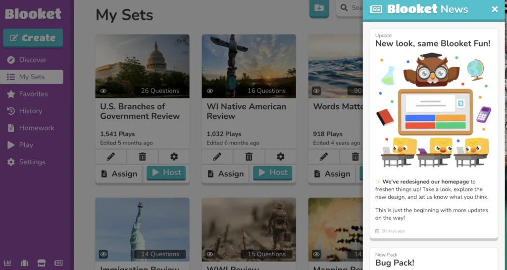 Screenshot of the Blooket dashboard showing educational quiz sets like “U.S. Branches of Government Review” and “WI Native American Review.” A sidebar displays navigation options, and a popup titled “Blooket News” announces a homepage redesign.