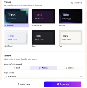 A screenshot of the Gamma.app interface showing the theme selection screen for presentations. Six theme options are displayed: Verdigris, Incandescent, Nebulae, Soft Cloud, Dawn, and Flax. The “Verdigris” theme is selected. Below, options for text density (Brief, Medium, Detailed) and image source settings are visible. A purple “Generate” button is at the bottom.