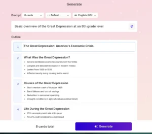 A screenshot of the Gamma.app “Generate” interface. A prompt field at the top reads: “Basic overview of the Great Depression at an 8th-grade level.” Below, an auto-generated outline includes topics such as “The Great Depression: America’s Economic Crisis,” “What Was the Great Depression?” and “Causes of the Great Depression.” The interface shows “8 cards total” and a purple “Generate” button.