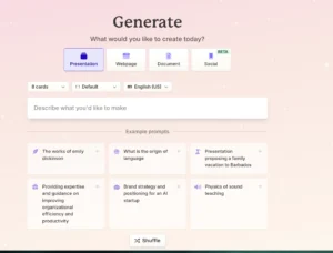 A screenshot of the Gamma.app content generation interface. The user is prompted with “What would you like to create today?” with options for “Presentation,” “Webpage,” “Document,” and “Social.” Example prompts include “The works of Emily Dickinson,” “What is the origin of language,” and “Brand strategy and positioning for an AI startup.” The interface has a pink gradient background with a “Shuffle” button and a purple “Generate” button.