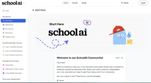 A screenshot of the SchoolAI community webpage with a ‘Start Here’ section. The page features a playful design with a blue cartoon ghost wearing a red cap and making a peace sign, along with a dotted arrow and a speech bubble with a heart. The left sidebar includes menu options such as ‘Show & Tell,’ ‘Discussions,’ ‘Resources,’ and ‘Digital Events.’