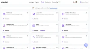 A screenshot of the SchoolAI platform’s ‘Tools’ section displaying various AI-powered educational tools. Options include ‘Worksheet,’ ‘Lesson Plan,’ ‘Multiple Choice Quiz,’ ‘Rubric,’ ‘IEP Goals,’ ‘Text Translator,’ ‘Story Word Problems,’ and more, each with a ‘Generate’ button. The interface has a clean layout with icons and text descriptions.