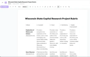 A digital rubric document titled ‘Wisconsin State Capital Research Project Rubric.’ The rubric includes a table with four criteria levels: Excellent, Good, Satisfactory, and Needs Improvement. The criteria listed include ‘Explanation of History and Culture’ and ‘Use of Sources,’ with detailed descriptions for each rating level.