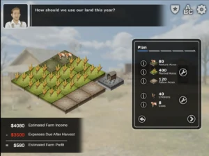 Screenshot of the Mission US interactive simulation, depicting a farm management scenario with crops, cows, and chickens. A sidebar details farm income, expenses, and estimated profits, along with land-use planning options.