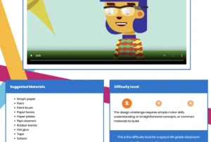Screenshot from Technovation Families showing a colorful animated video player along with suggested materials for an educational activity, including items like paper plates, pipe cleaners, and hot glue, alongside a difficulty rating indicating suitability for a 4th-grade classroom.