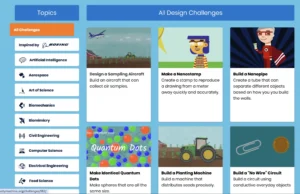 Screenshot from Technovation Families' "All Design Challenges" page featuring various STEM-related activities like "Design a Sampling Aircraft," "Make a Nanostamp," and "Build a Nanopipe," organized by scientific categories such as aerospace, biomechanics, and computer science.