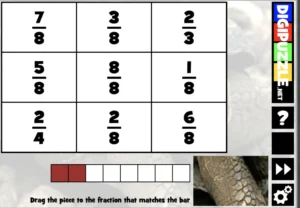 Screenshot of a fractions-matching activity on Digipuzzle.net. The game involves matching numerical fractions (e.g., 7/8, 3/8) to visual representations using segmented bars.