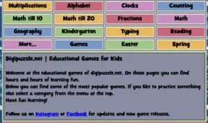 Screenshot from Digipuzzle.net showing educational categories including Multiplications, Alphabet, Fractions, Geography, Kindergarten, and Typing, along with a brief description welcoming visitors to educational games suitable for hours of learning fun.