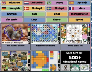 Screenshot from Digipuzzle.net displaying various categories such as Education, Animals, Logic, Easter, and Spring, alongside preview images of interactive games including animal puzzles, word searches, and animal-themed Sudoku.