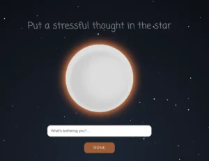 Pixel Thoughts screenshot featuring a prompt asking, "What's bothering you?..." with a blank space for users to enter their stressful thoughts.
