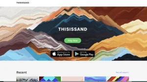 Homepage of Thisissand, showing a colorful sand art illustration resembling layered mountains, with buttons for playing online or downloading via App Store and Google Play.