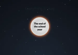 Screenshot from Pixel Thoughts showing a glowing white orb with a stressful thought "The end of the school year" inside it, against a calming, starry night sky.
