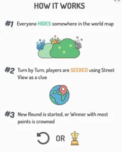 An illustrated guide explaining how to play Hide & Seek World, detailing hiding locations, clues from Street View, and the game’s scoring system.