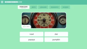 Screenshot of a quiz screen in BeanBeanBean. The interface has a vintage clock image above four multiple-choice answer buttons labeled “newt,” “dial,” “papaya,” and “pumpkin.” The category tab “Knowledge” is selected, and the difficulty level is marked “Easy.”