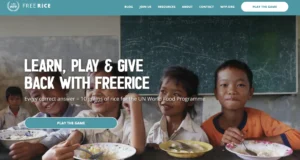 Screenshot of the FreeRice website homepage featuring a background photo of smiling children in a classroom eating rice. Text on the image reads “Learn, Play & Give Back with FreeRice. Every correct answer = 10 grains of rice for the UN World Food Programme.” A blue button says “Play the Game.”