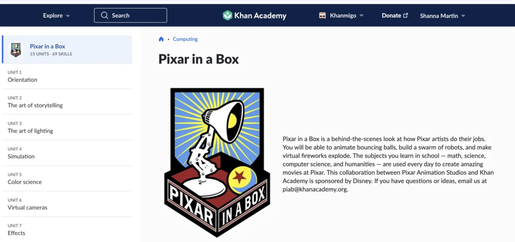 creenshot of the Pixar in a Box course homepage on Khan Academy. The left sidebar lists units such as “Orientation,” “The art of storytelling,” and “The art of lighting.” The main section features the Pixar in a Box logo with the iconic Pixar lamp and ball, alongside a description explaining the program’s behind-the-scenes look at Pixar’s animation process.