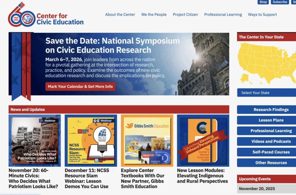 Homepage of the Center for Civic Education featuring a banner for the 2026 National Symposium on Civic Education Research, news updates, and educational resources such as lesson plans and professional learning links.