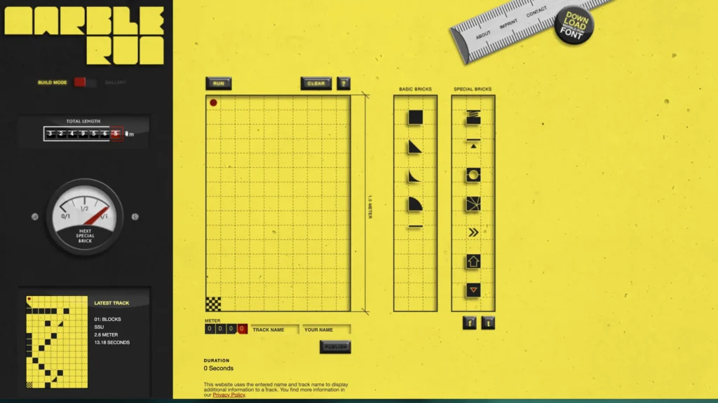 Screenshot of the Marble Run game interface. The yellow and black design includes a large grid workspace, brick selection menu, and a gauge showing track length. A ruler graphic appears in the top right with a button labeled “Download Font.”