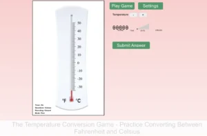 Screenshot from the Ruler Game interface showing a thermometer-style tool with Celsius and Fahrenheit scales. A red bar indicates the current temperature, with controls to adjust the temperature and a “Submit Answer” button.