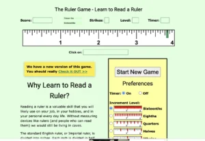 Screenshot of the Dial Caliper Game showing a digital dial caliper interface. The dial reads 0 and the caliper slider is set to approximately 1.9 inches. Buttons for adjusting the dial and submitting answers appear on the screen.