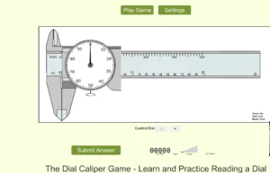 Screenshot of the Ruler Game displaying a ruler marked in sixteenths and an interface for selecting measurements. Includes a yellow pop-up encouraging users to try a new version of the game, along with preference settings for timer and increment level.
